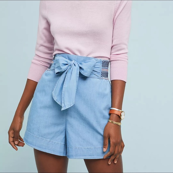 Anthropologie | Aloha Tie-Front Shorts Chambray Paper Bag Waist Medium - Picture 14 of 15